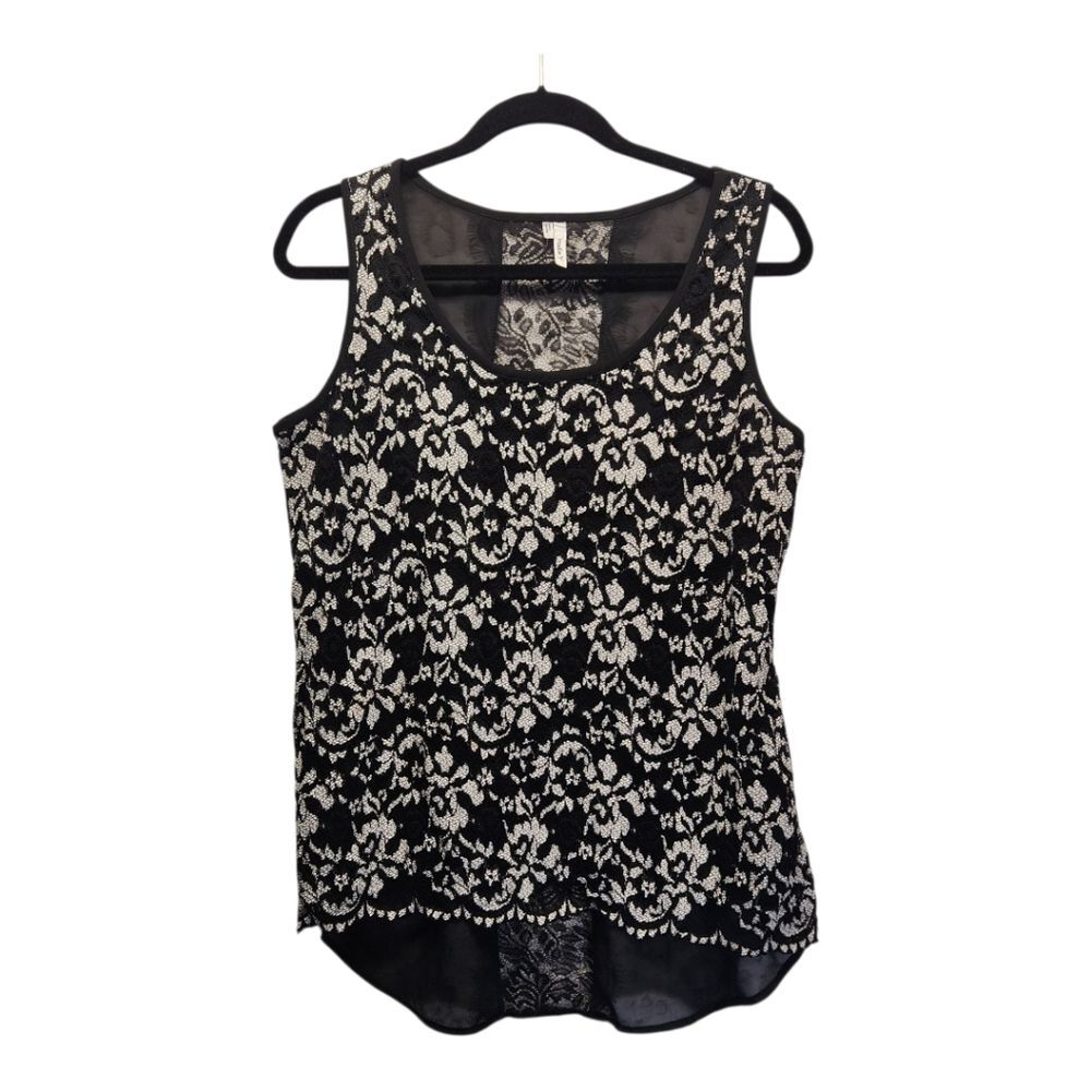 Sheer Black Tank Top with ivory flowers & back lace inset LARGE
